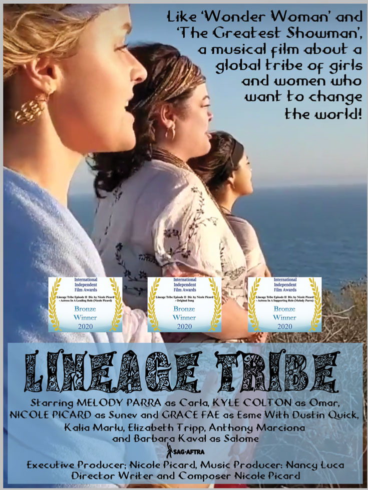 Three ladies looking over a ocean cliff with the titles Linage Tribe
